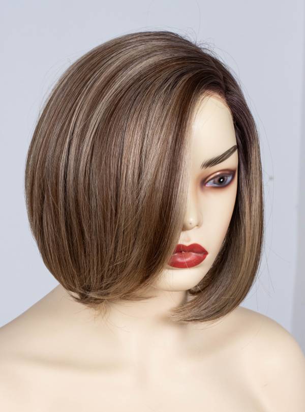 Blonde Highlight on Brown Bob Cut Small Hand Tied Synthetic Lace Wigs-SW003