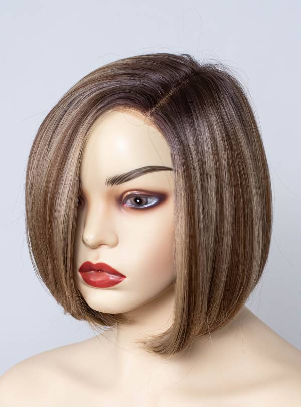 Blonde Highlight on Brown Bob Cut Small Hand Tied Synthetic Lace Wigs-SW003