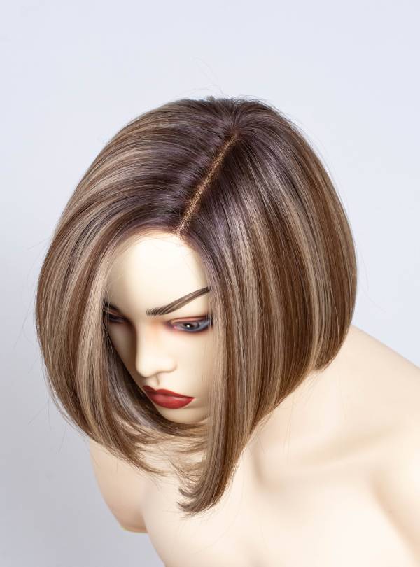 Blonde Highlight on Brown Bob Cut Small Hand Tied Synthetic Lace Wigs-SW003