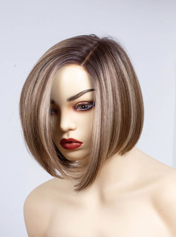 Blonde Highlight on Brown Bob Cut Small Hand Tied Synthetic Lace Wigs-SW003