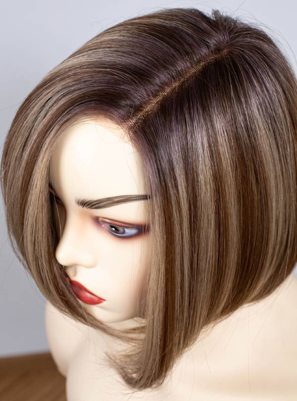 Blonde Highlight on Brown Bob Cut Small Hand Tied Synthetic Lace Wigs-SW003
