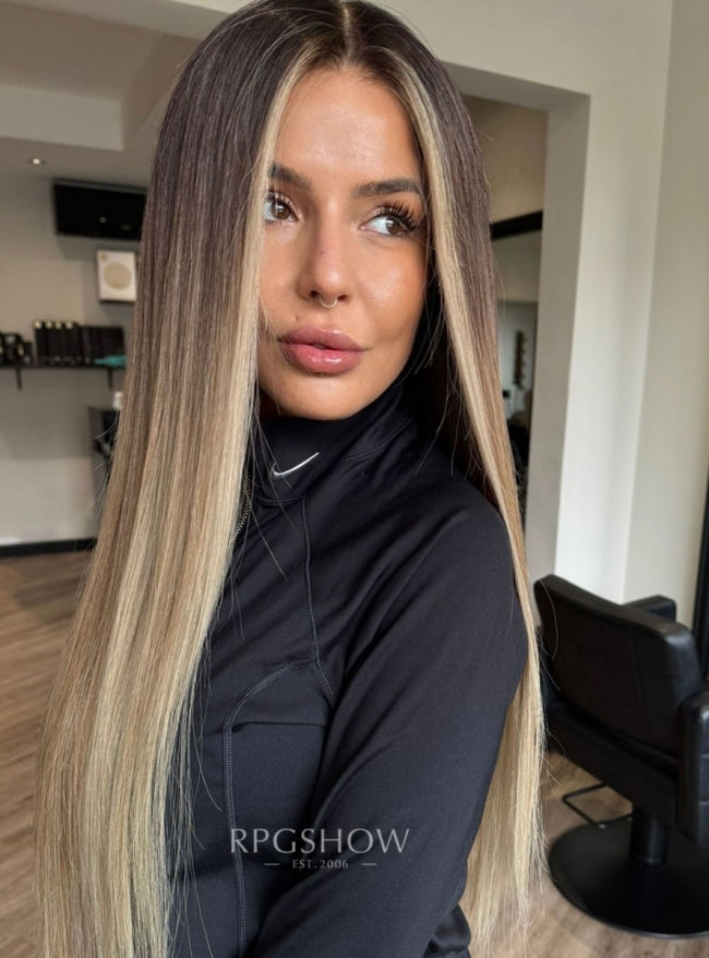 Dark Root Ash Blonde Money Piece Straight Lace Wig - dominic054-Transparent Lace