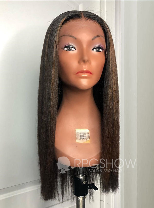 KINKY STRAIGHT CHESTNUT BROWN HIGHLIGHTS GLUELESS LACE FRONT WIGS KADYBLOOM007