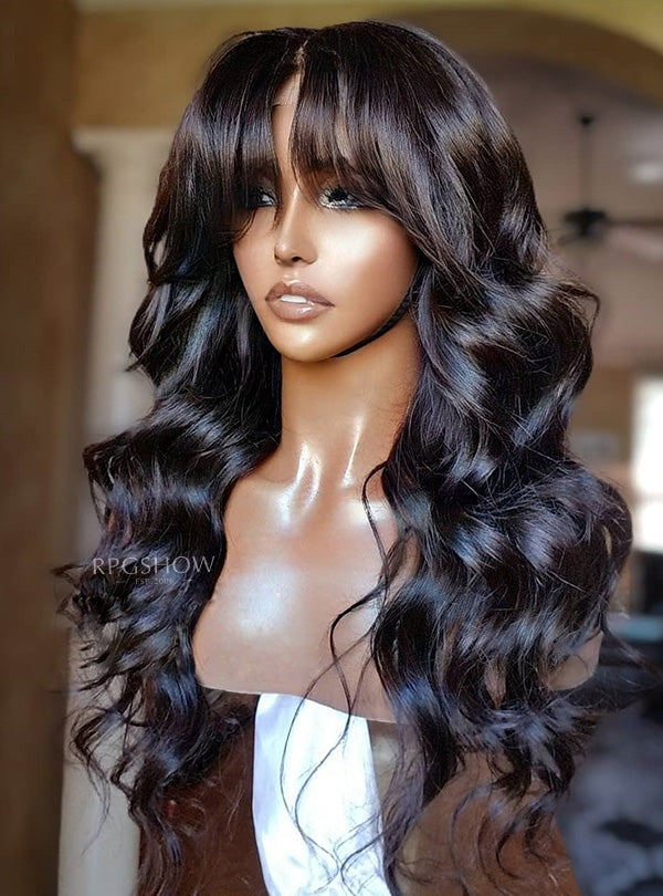 Long Natural Wavy Curtain Bangs Human Hair 13x6 Lace Front Wigs - WigzbyCharise001