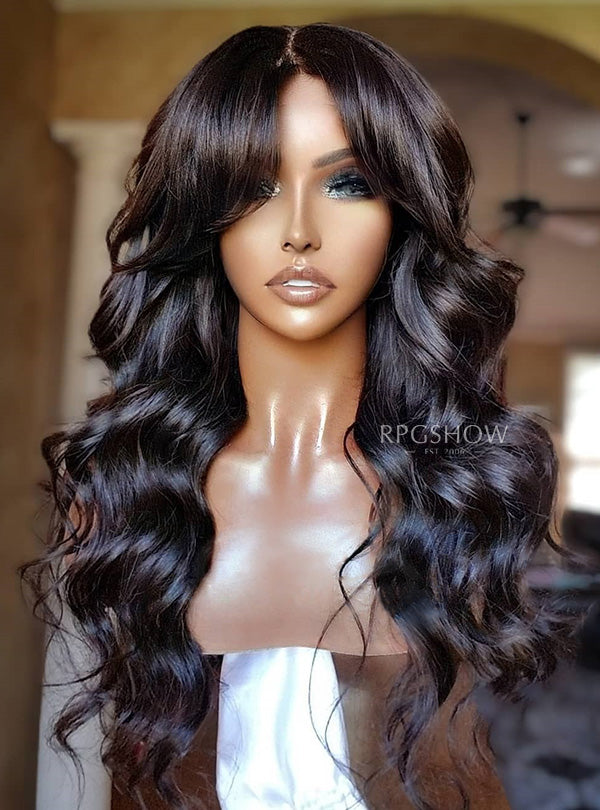 Long Natural Wavy Curtain Bangs Human Hair 13x6 Lace Front Wigs - WigzbyCharise001