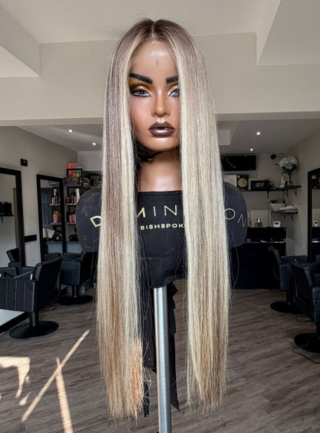 Transparent Lace - Ash Blonde with Dark Roots Straight 10x6 Lace Front Wig - dominic055