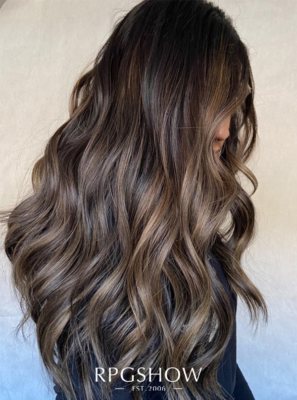 LONG MIDDLE PART WAVY HAZELNUT BROWN WITH BLONDE HIGHLIGHTS LACE FRONT WIGS - SOFIATHEWIGSTYLIST010