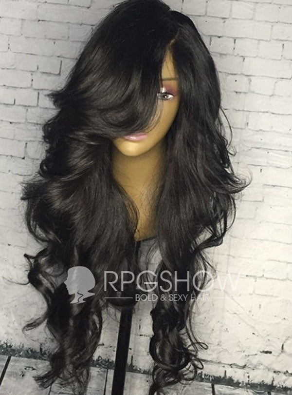 Long Side Part Wavy Bangs Natural Color Human Hair Lace Wigs - touchedbytim005