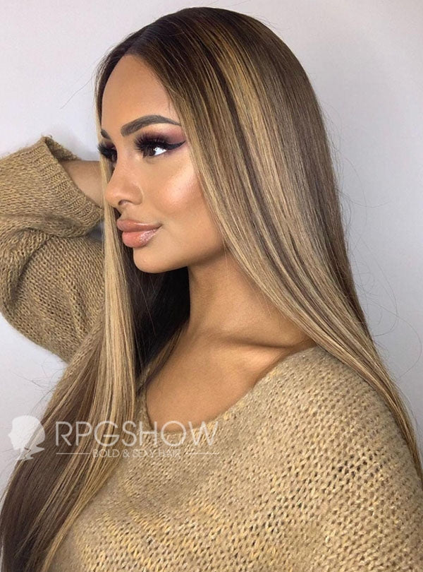 Long Straight Brown Hair with Blonde Highlights Lace Front Wigs -JAHY001