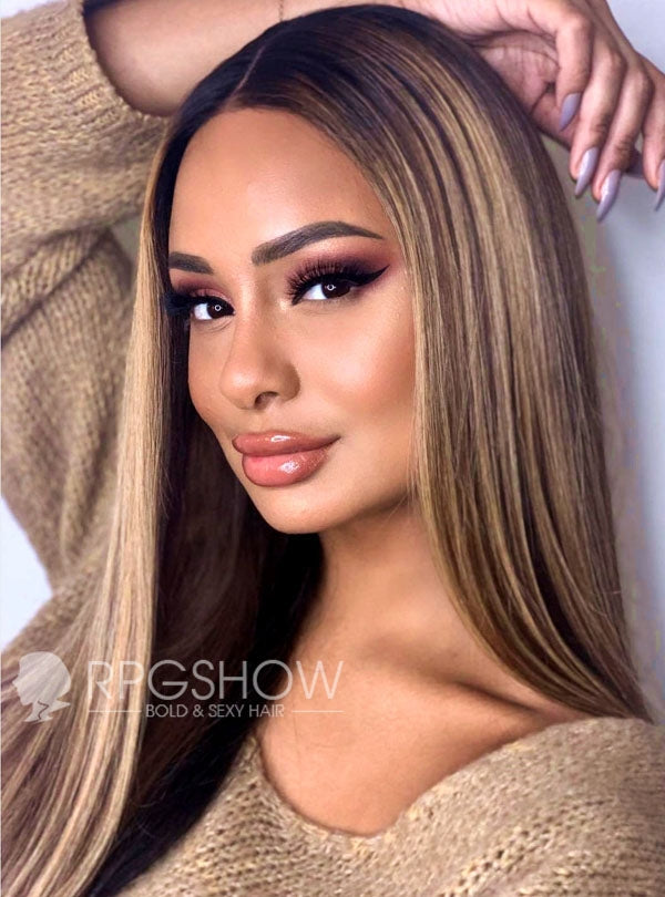 Long Straight Brown Hair with Blonde Highlights Lace Front Wigs -JAHY001