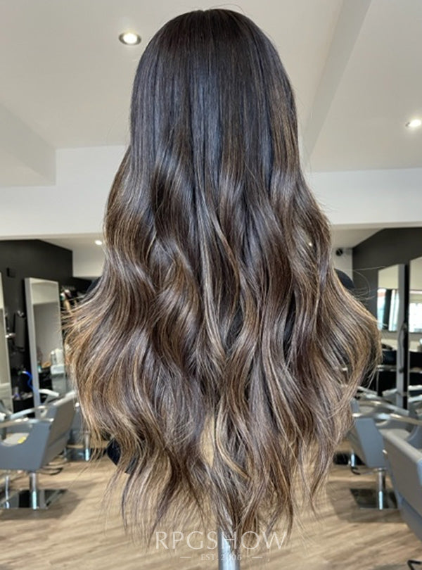 Long Middle Part Wavy Curtain Bangs Dark Brunette Balayage 10x6 Lace Closure Wig - Dominic011