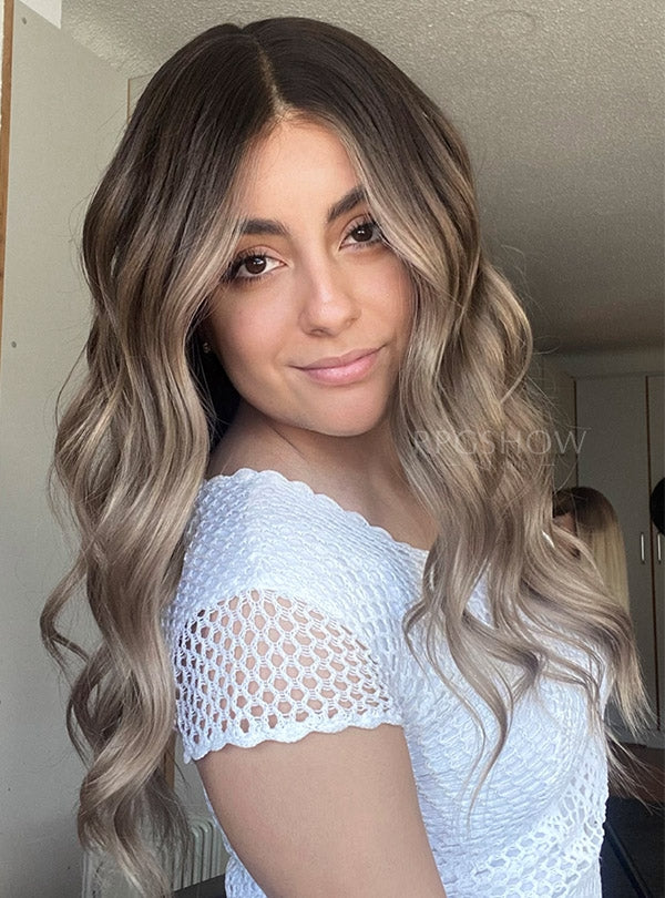 Long Wavy Mushroom Blonde Balayage with Dark Roots Lace Front Wigs - Sofiathewigstylist015