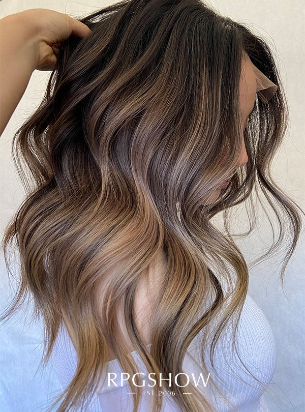 MIDDLE LENGTH WAVY BOTTLENECK BANGS MUSHROOM BROWN AND BLONDE BALAYAGE LACE FRONT WIGS SOFIATHEWIGSTYLIST002