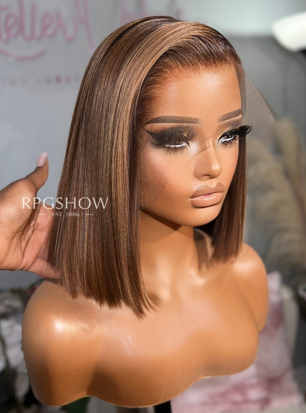 Short Side Part Bob Cut Medium Brown with Honey Blonde Highlights Lace Front Wigs - Ophair007