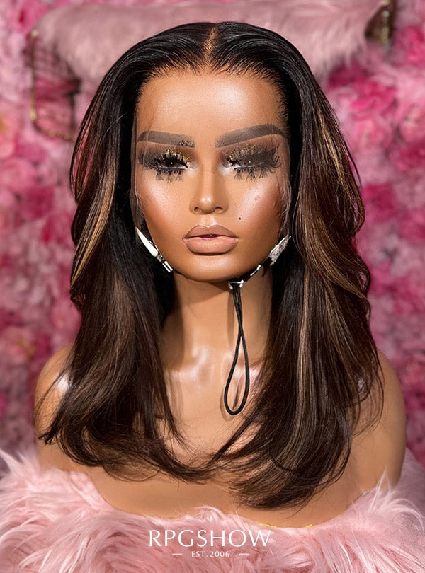 SHORT WAVY LAYERS BOB DARK BROWN WITH CARAMEL BLONDE HIGHLIGHTS LACE FRONT WIGS - OPHAIR005