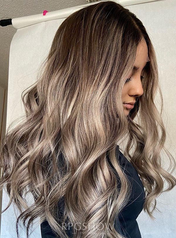 Long Middle Part Wavy Dark Mushroom Blonde Balayage Lace Front Wigs - Sofiathewigstylist006