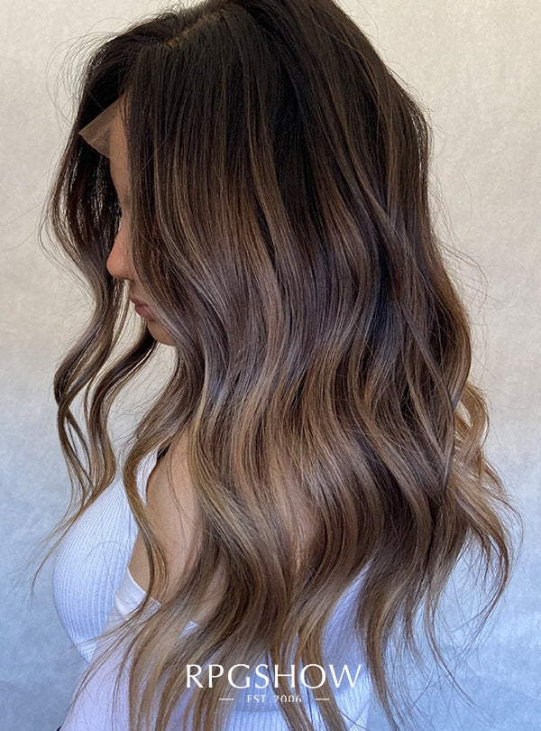 MIDDLE LENGTH WAVY BOTTLENECK BANGS MUSHROOM BROWN AND BLONDE BALAYAGE LACE FRONT WIGS SOFIATHEWIGSTYLIST002