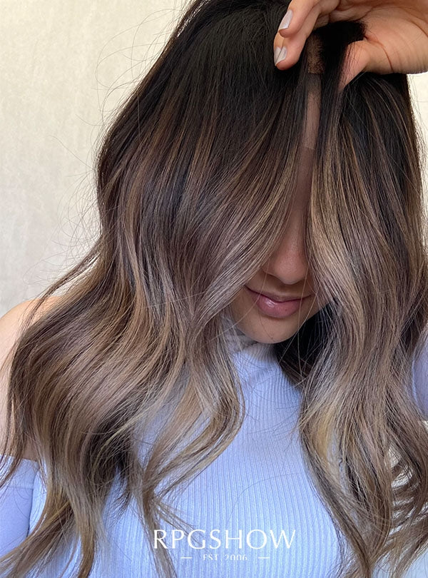 MIDDLE LENGTH WAVY BOTTLENECK BANGS MUSHROOM BROWN AND BLONDE BALAYAGE LACE FRONT WIGS SOFIATHEWIGSTYLIST002