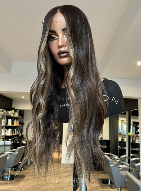 Long Wavy Espresso Brown with Blonde Money Piece Highlights 10x6 Lace Closure Wigs - Dominic031