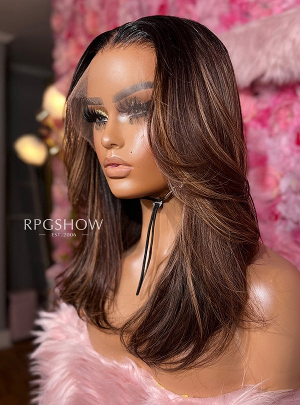 SHORT WAVY LAYERS BOB DARK BROWN WITH CARAMEL BLONDE HIGHLIGHTS LACE FRONT WIGS - OPHAIR005