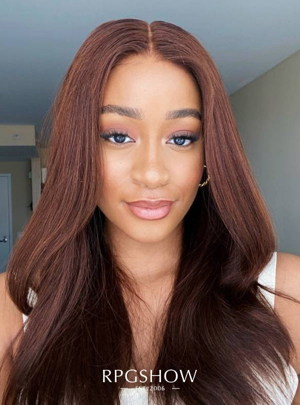 Shoulder Length Layered Soft Wavy Auburn Brown Maxipart Glueless Lace Closure Wig - WigzbyCharise043NG