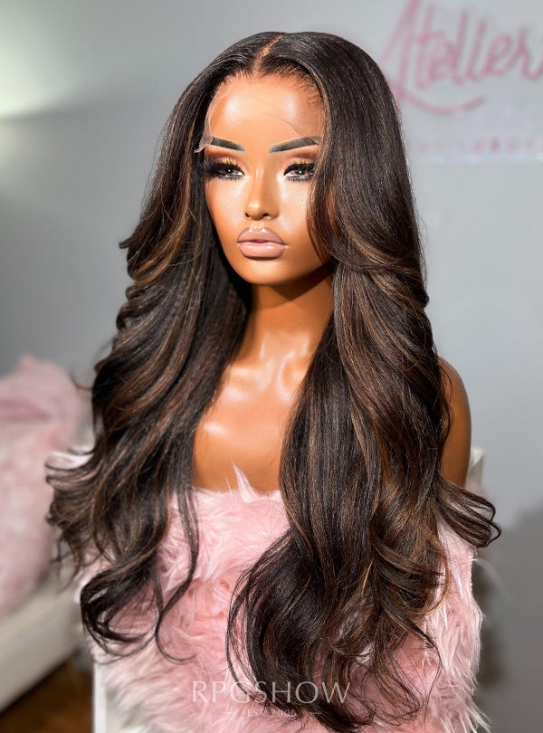Long Wavy Yaki Texture Espresso Brown with Caramel Highlights Lace Front Wigs - Ophair016