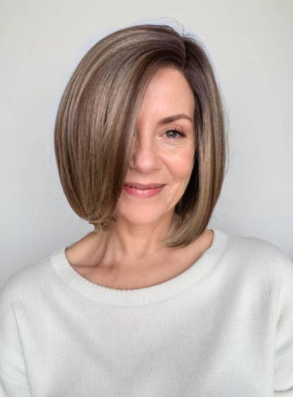 Blonde Highlight on Brown Bob Cut Small Hand Tied Synthetic Lace Wigs-SW003