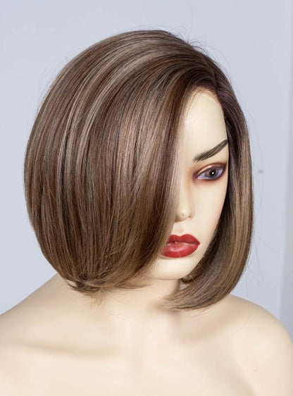 Blonde Highlight on Brown Bob Cut Small Hand Tied Synthetic Lace Wigs-SW003