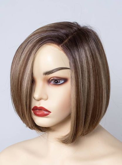 Blonde Highlight on Brown Bob Cut Small Hand Tied Synthetic Lace Wigs-SW003