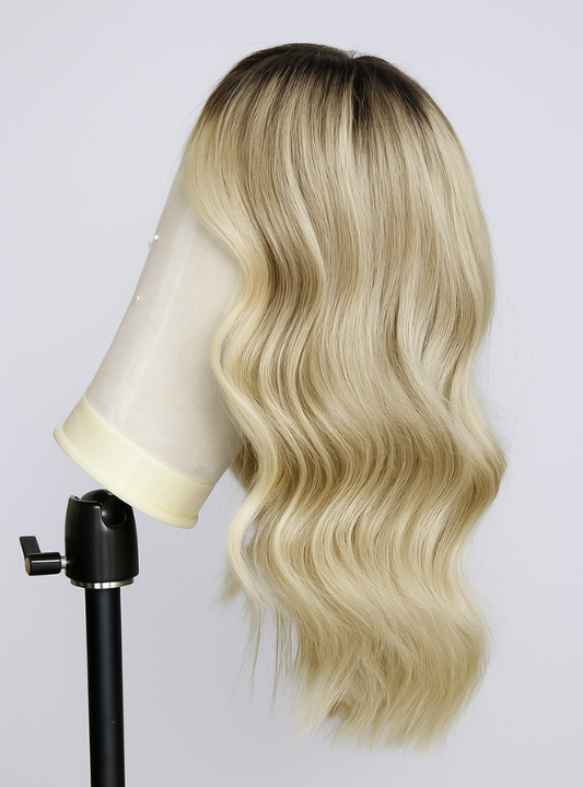 Middle Part Blonde Ombre Wavy Human Hair Lace Front Wigs