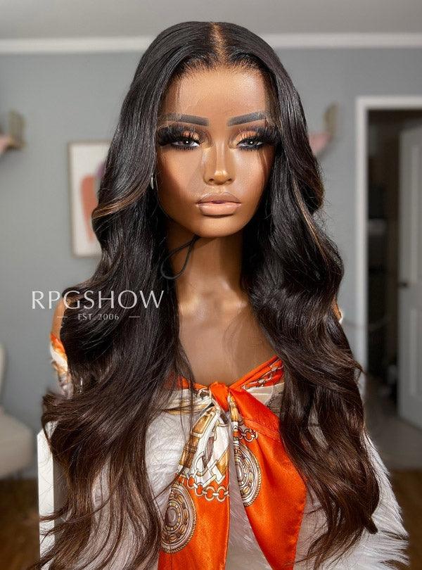 Black Hair Ombre Chocolate Brown Highlights Maxipart Glueless Lace Closure Wig - Ophair002NG-Transparent Lace