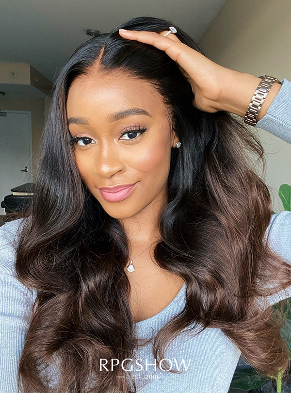 Black Hair Ombre Chocolate Brown Highlights Maxipart Glueless Lace Closure Wig - Ophair002NG-Transparent Lace