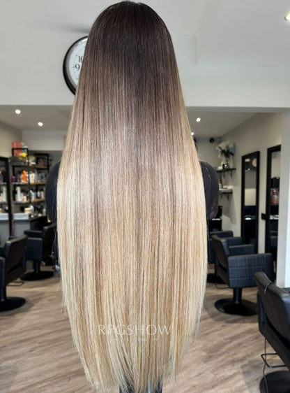 Dark Root Ash Blonde Money Piece Straight Lace Wig - dominic054-Transparent Lace