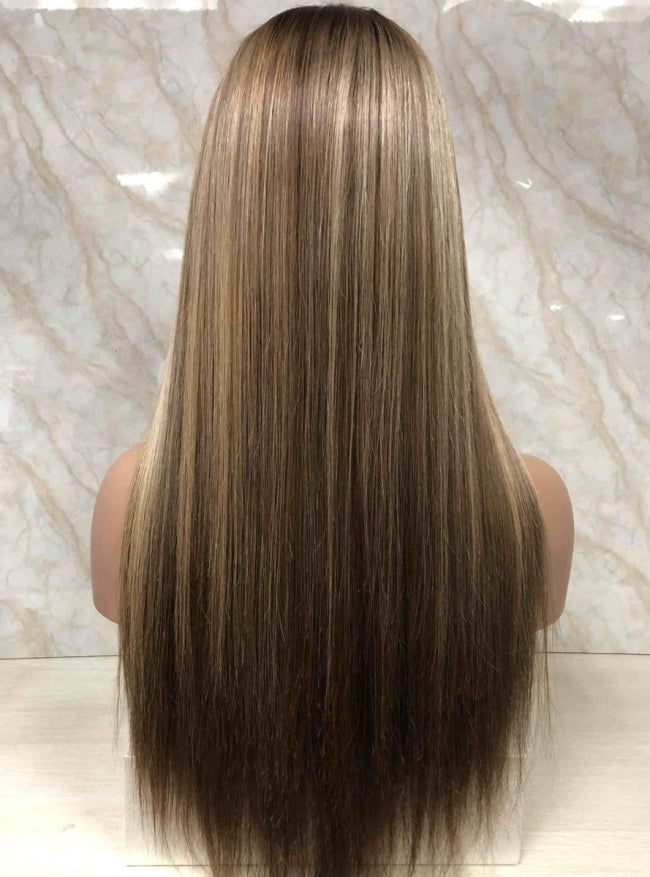 Long Straight Brown Hair with Blonde Highlights Lace Wigs-Jahy001-Transparent Lace