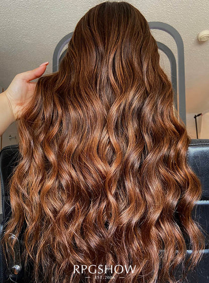 Long Middle Part Wavy Cowboy Copper Ombre Lace Front Wigs - Sofiathewigstylist011