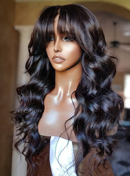 Long Natural Wavy Curtain Bangs Human Hair 13x6 Lace Front Wigs - WigzbyCharise001