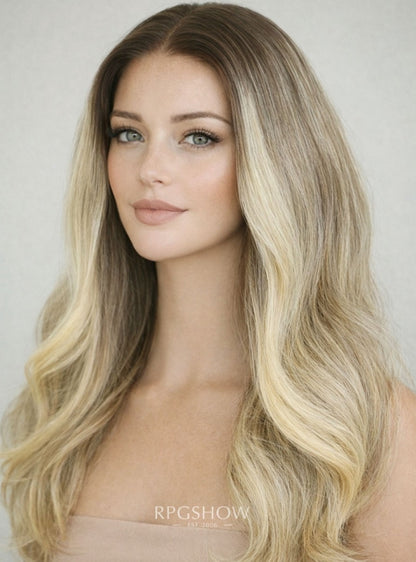 Amy | Blonde with Dark Roots Shoulder Length Hair Loose Wave 13x6 Lace Front Wigs - BR003