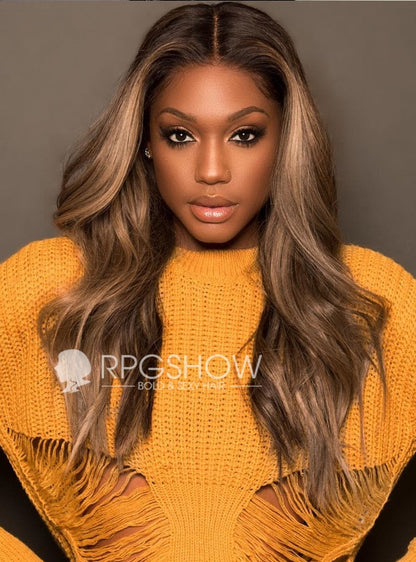 Anthony Cuts Long Middle Part Wavy Ash Blonde with Dark Roots Wig - AnthonyCuts029