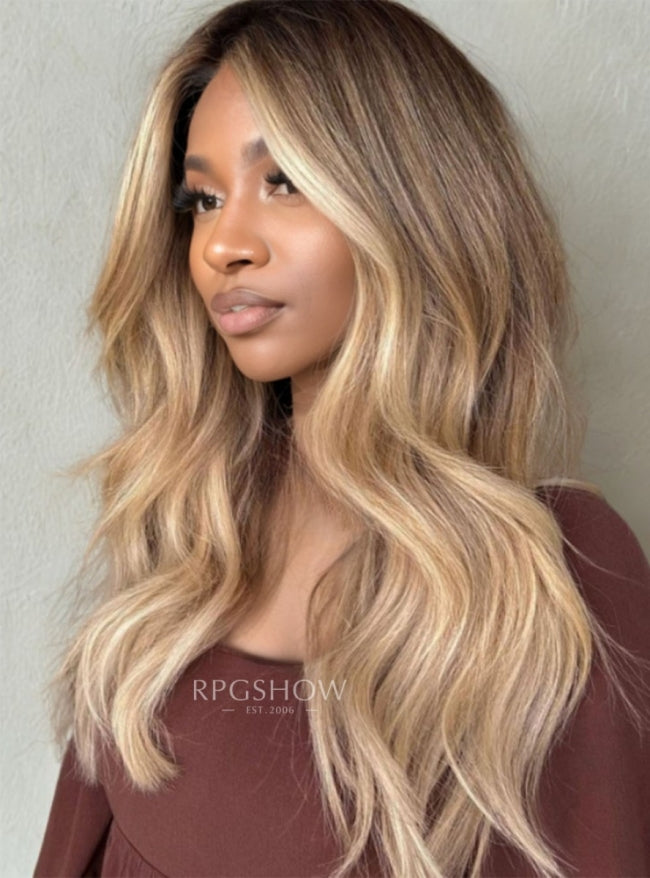 Ash Blonde Balayage Long Wave Lace Front Wigs - ashen011