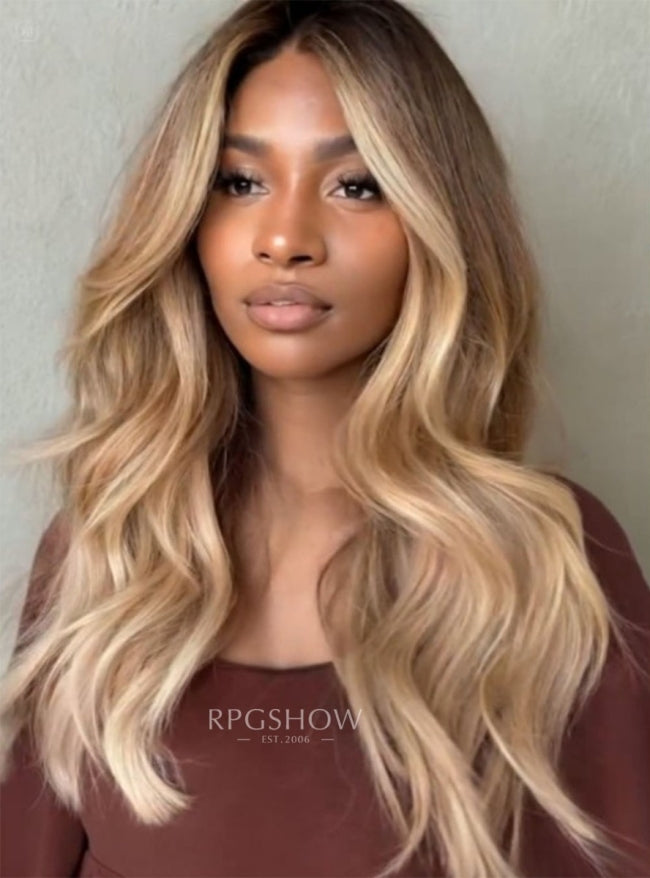 Ash Blonde Balayage Long Wave Lace Front Wigs - ashen011