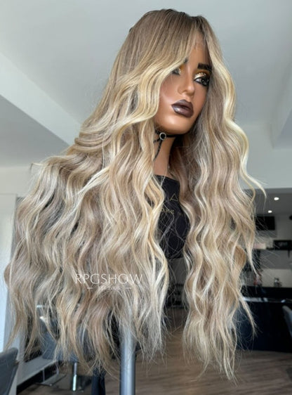 Ash Blonde Highlights Long Wavy Lace Front Wigs - Dominic036