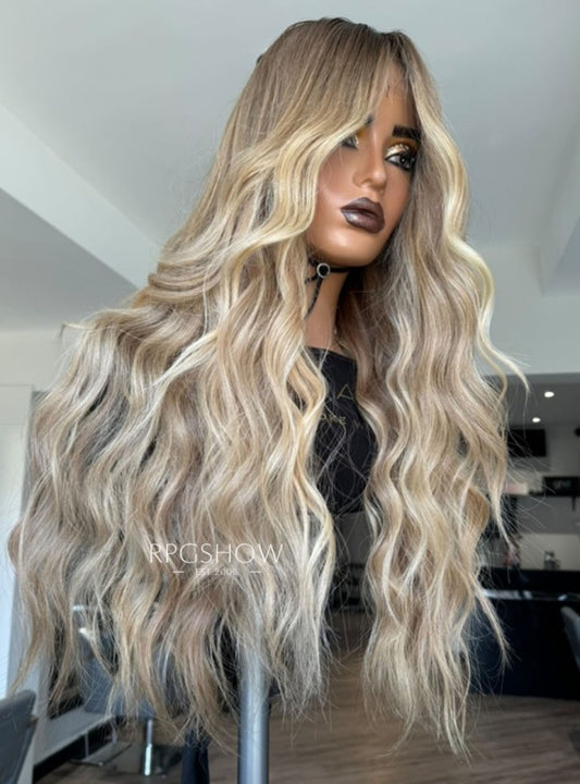 Ash Blonde Highlights Long Wavy 13x6 Lace Front Wigs - Dominic036