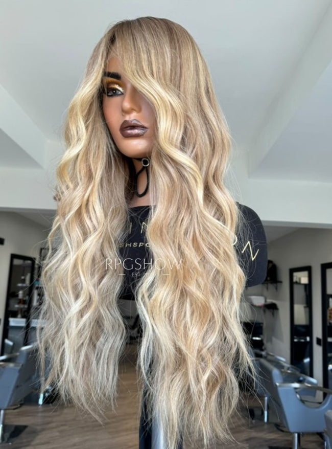 Ash Blonde Highlights Long Wavy Lace Front Wigs - Dominic036