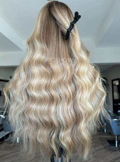 Ash Blonde Highlights Long Wavy Lace Front Wigs - Dominic036