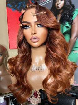Long Side Part Wavy Copper Brown Hair Lace Front Wigs - Aspecialunits022