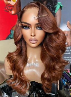 Long Side Part Wavy Copper Brown Hair Lace Front Wigs - Aspecialunits022