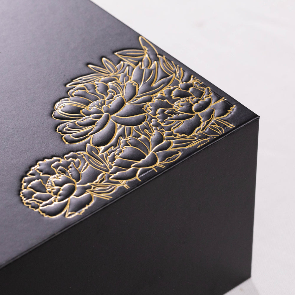 Custom Magnetic Box with Sculpted Embossing & Gold Foil Floral Design