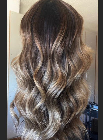Brown with Beige Blonde Highlights Loose Wave 10x6 Lace Closure Wig - sofiathewigstylist018-Transparent Lace
