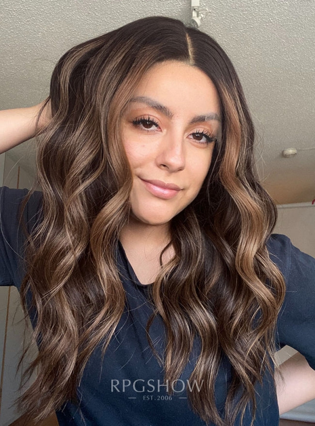 Chestnut Brown Highlights Mid Length Wavy 10x6 Lace Closure Wig - Sofiathewigstylist016