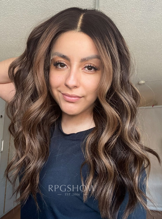 Chestnut Brown Highlights Mid Length Wavy 10x6 Lace Closure Wig - Sofiathewigstylist016